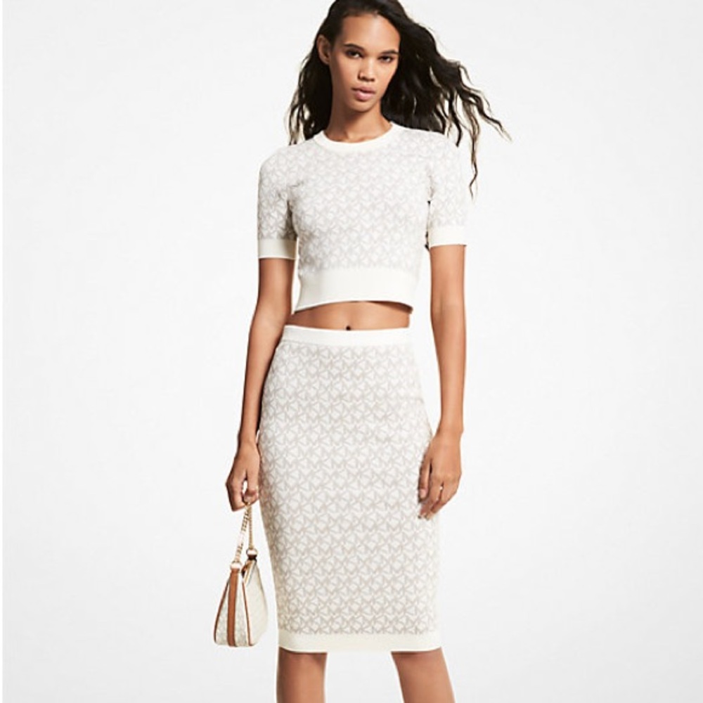 Michael Kors Logo Jacquard Short-Sleeve Sweater and Skirt set